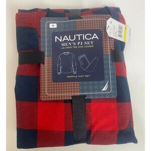 $98 Nautica Men’s Waffle Knit Thermal Pajama Gift Set, Red & Blue, Size Medium